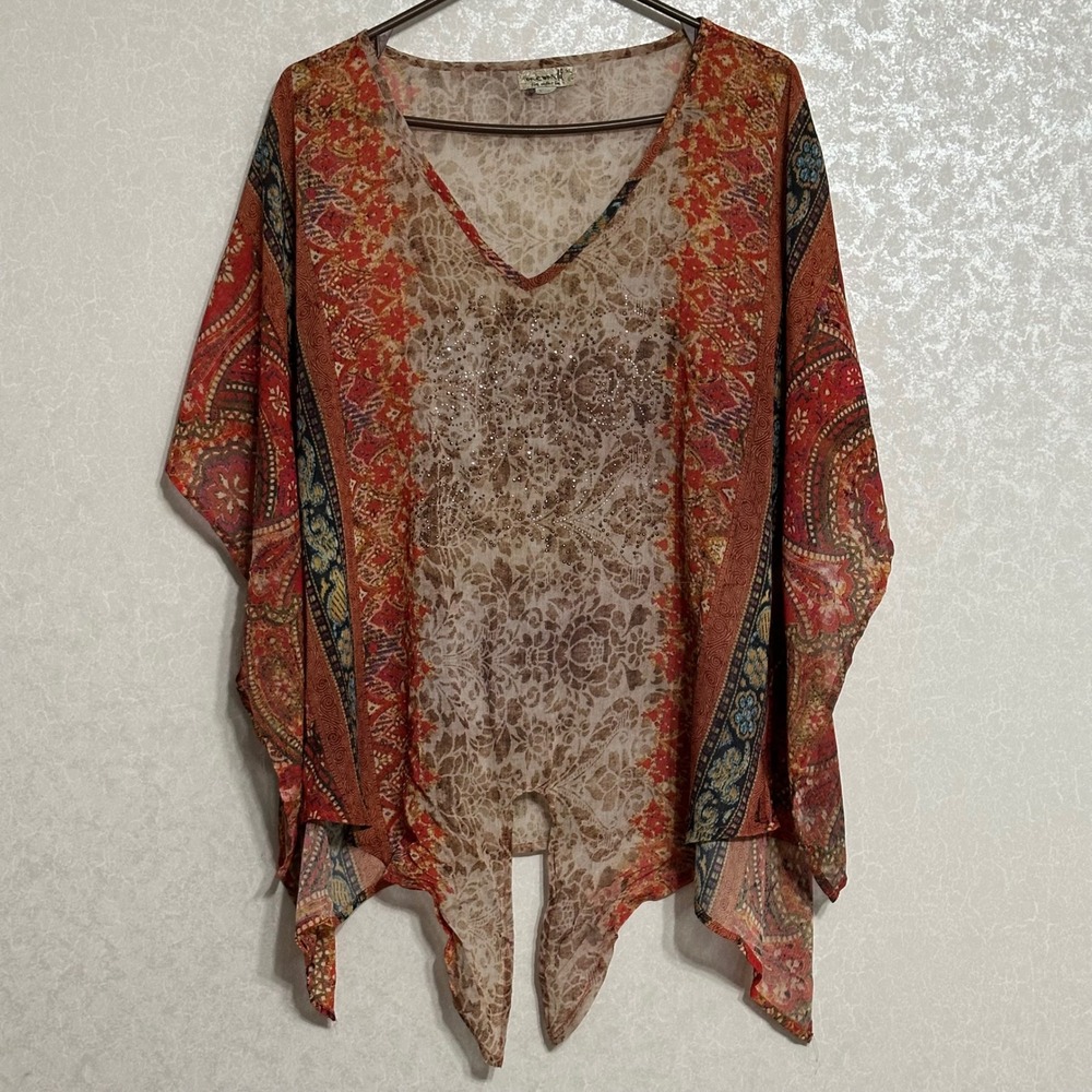 One World Embellished Kaftan Top Paisley Mixed Print Tie Front Boho Orange XL